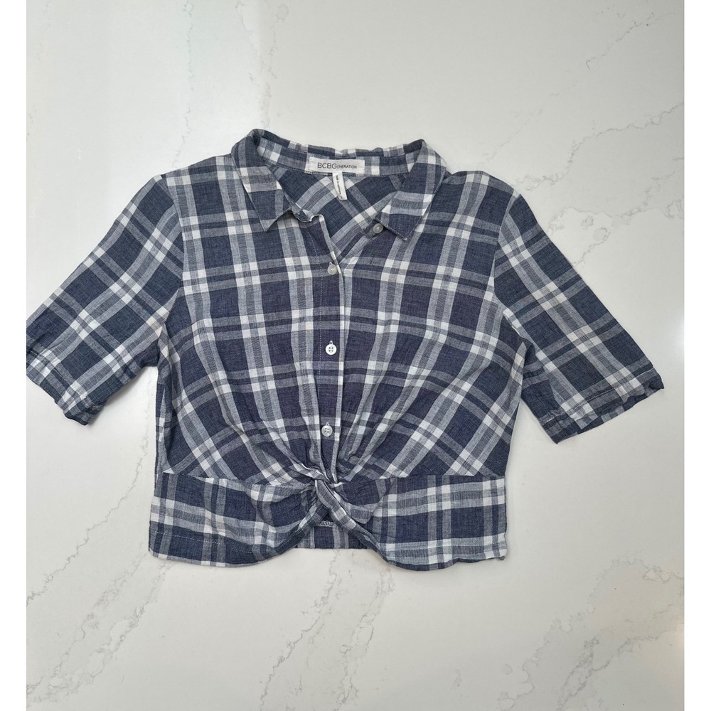 BCBG Plaid Front Tie Crop Top Western Casual Preppy Summer Prairie Boho - Picture 5 of 8
